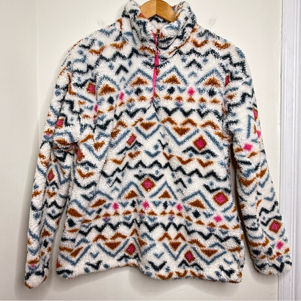 Eddie Bauer Aztec Print Quarter Zip Pullover Fuzzy Women’s Size Large Tribal